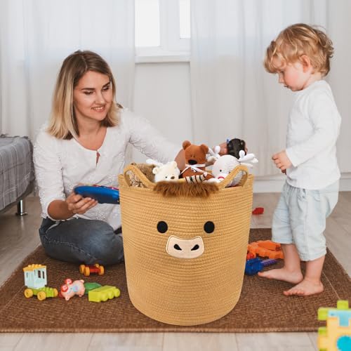 Highland Cute Cow Basket for Nursery, Tall Large Laundry Blanket Gift Basket, Woven Rope Cotton Storage for Clothes, Baby Shower Hamper 0rganizer with Ears Handles, 53L Clothes Bins,15"D×18"H - color: Brown, size: 15"D ×18 "H
