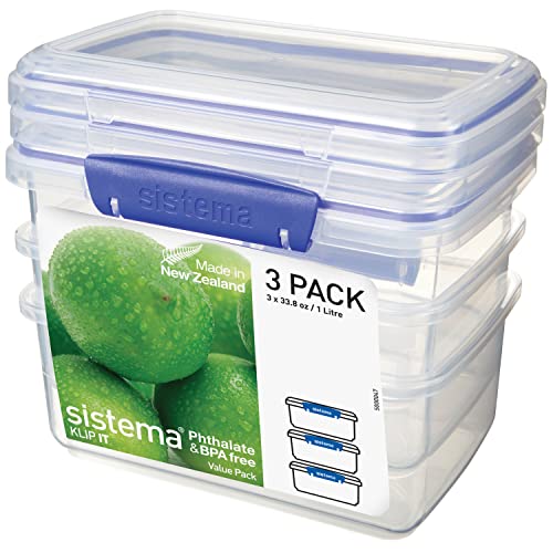 Sistema KLIP IT Rectangular Collection Food Storage Container, 33.8 oz./1.0 L, Clear/Blue, 3 Count - size: 3-Piece (33.8 oz), style: Set of 3