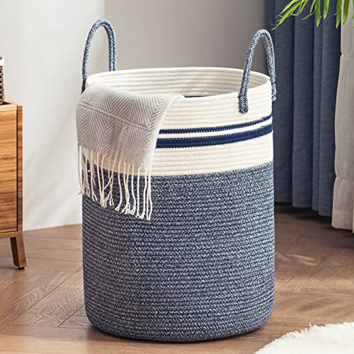 YOUDENOVA Woven Rope Laundry Hamper Basket, 72L Tall Laundry Basket, Baby Nursery Hamper for Blanket Storage in Bedroom-Large-Blue - color: Blue, size: Large(72L )
