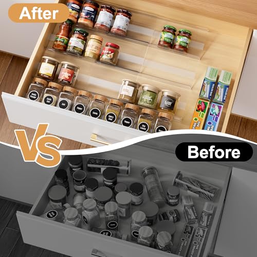 8-Pack Spice Drawer Organizer, Expandable Acrylic Seasoning Rack (13" to 26") with Anti-Slip Mat, Kitchen Spice Rack Holds up to 56 Jars (Jars Not Included) - size: 8-Pack