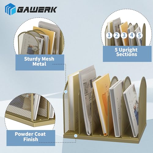 Gawerk 5-Section Vertical Desktop Organizer, 5-Section Mesh File Folder Stand Sorter for Office Home Classroom Organization (1, Gold) - color: Gold