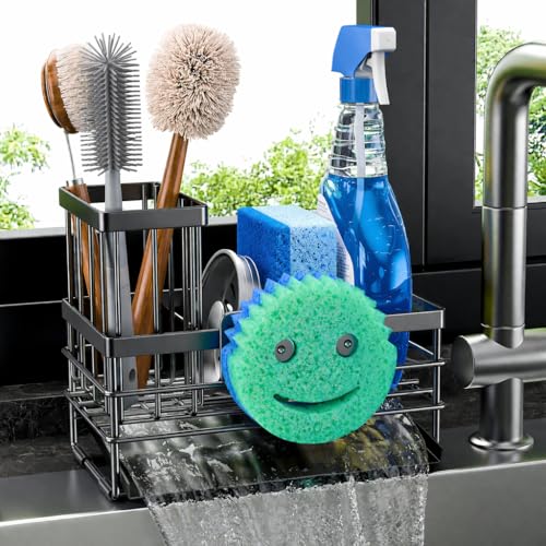 Cisily Sink Caddy with Smiley Face Sponge Holder for Kitchen with Brush Holder and Stainless Steel Self Drain Tray, Rustproof Kitchen Sink Organizer, Soap Dispenser Storage Accessories (Black) - color: Black With Smiley Face Holder