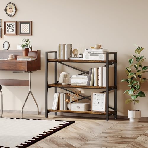 3 Tier Bookshelf 31.49" Width, Wood and Metal Etagere Bookcase, Vintage Farmhouse Modern Wooden Big Book Shelf for Home Living Room Bedroom Office Storage(Rustic Brown) - color: Rustic, size: 3 Tier - 31.5" W