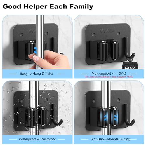 2 Pack Broom Holder Wall Mount, 304 Stainless Steel Mop Organizer with Hooks, No Drill Adhesive and Screw Installation, Rust Proof Storage Rack for Garage, Laundry, Garden, Black - color: C-Black, size: 2PCS Gripper