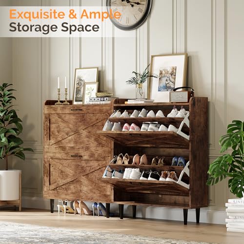 VINGLI Shoe Storage Cabinet for Entryway with 2 Flip Drawers, Ultra Slim Freestanding Entryway Shoe Organizer with Wood Tapered Legs,Hidden Closed Shoe Rack,31.6" W * 9.4" D * 39.4" H, Rustic Brown - color: Rustic Brown, size: 31.5"W 2 Drawers