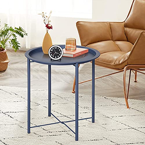 VECELO Side/End Table, Folding Round Metal Anti-Rust and Waterproof Outdoor or Indoor Tray for Living Room Bedroom Balcony and Office, 1 PCS, Blue - color: Blue, size: 1 PCS