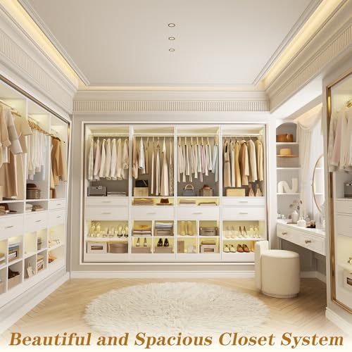 Unikito Closet System, 8.3FT Closet Organizer with 6 Wooden Drawers, Hanging Rods, Adjustable Shoe Rack and Cube Storage, Easy Assembly Wardrobe Tower, Set of 4, White - color: White, size: 100 Inch