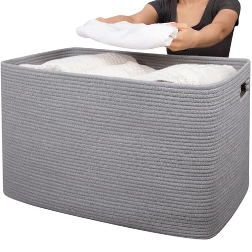 OIAHOMY 118L XXXLarge Cotton Rope Storage Basket, Oversized Blanket Basket, Used for Organizing Dirty Clothes in Living Room, Bedroom, Nursery, Dog Toy Storage Bins, 25" x 17" x 16",Grey - color: Grey