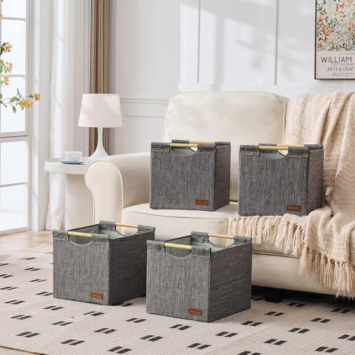 KAKAMAY Collapsible Cube Storage Bins 13x15x13 Inches Dark Grey 2-Pack, Foldable Fabric Organizer Baskets with Wooden Handles for Kallax Shelves, Living Room, Bedroom, Nursery, Closet, Toys, Clothes - color: Dark grey