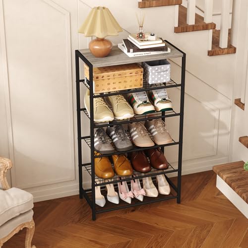 HOMEFORT 6 Tiers Shoe Rack Organizer,23" Shoe Storage Shelf for Closet, Shoe Rack for Entryway, Each Tier Fits 3 Pairs, Shoe Stand with Metal Shelves and MDF Top Board, Washed Gray - color: Washed Gray, size: 6-Tier (11.8"D x 23.23"W x 40.55"H)