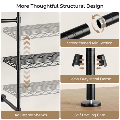 Closet Organizers and Storage, 5-Row Heavy Duty Clothes Rack for Hanging Clothes, Wall Mounted Closet System with 4 Telescopic Rods, 3 Fixed Rods, 6 Hooks, 8 Shelves for Wardrobe, Bedroom, Small Space - style: 5-Row