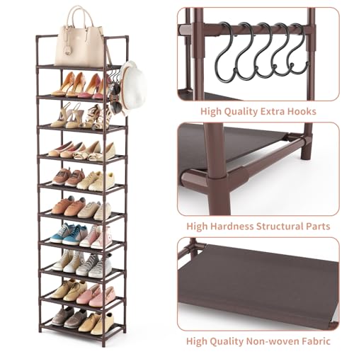 LANTEFUL 10 Tiers Tall Shoe Rack 20-25 Pairs Boots Organizer Storage Sturdy Narrow Shoe Shelf for Entryway, Closets with Hooks, Brown - color: Brown, size: 10 Tier-68" High-17" Wide