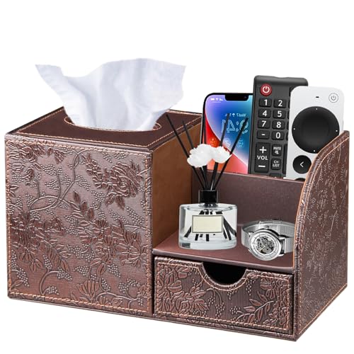 Nightstand Organizer with Tissue Holder,PU Leather Square Tissue Box Cover,Modern Facial Paper Organizer Storage Box for Remote Control,Bathroom,Vanity Countertop,End Table Home Office - color: Retro