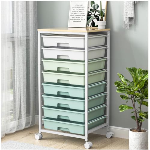 Rolling Storage Utility Cart Organizers with 8 Drawers and Wooden Tabletop for Living Room,Office,Classroom,Craft Room,Bedroom,Dorm,Green - color: Green
