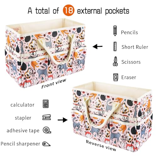 E-WEICHEN Craft Organizer Tote Bag Art Storage Caddy with Multiple Pockets Containers for Art,Craft,and Office Supplies Storage.Pink Cat - color: Pink Cat