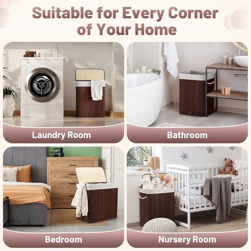 Aliphon 72L Slim Laundry Hamper with Lid, Foldable Bamboo Clothes Laundry Basket with Handles, Removable and Machine Washable Liner, for Bedroom, Bathroom, Dorm, Brown - color: Chestnut Brown, size: 72L