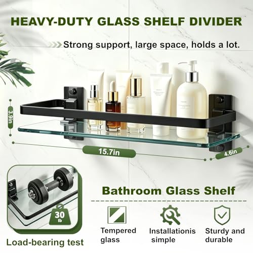 AIJALY 3 Pack Bathroom Glass Shelf,Aluminum Tempered Glass 0.3in Extra Thick Rectangular 1 Tier Storage Organizer Wall Mount,Black 15.7in - color: Black 3 Pack