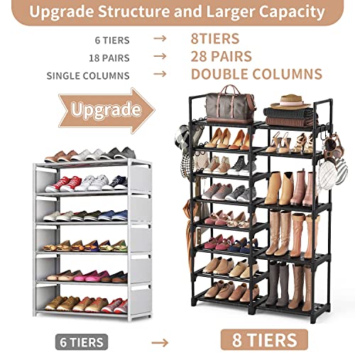 ROJASOP Shoe Rack Organizer, 8-Tier Metal Shoe Rack for Closet Entryway Garage, 26-32 Pairs Tall Shoe Boot Storage Shelf with 15 Hooks, Stackable Large Shoe Stand - color: Black