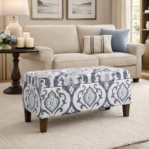 HomePop Large Upholstered Rectangular Storage Ottoman Bench with Hinged Lid, Slate Damask - color: Slate Damask