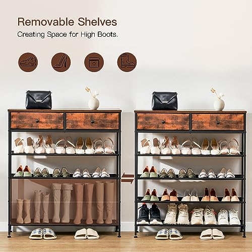 usikey Shoe Rack, 5 Tier Shoe Storage Organizer with 2 Drawers, Metal Shoe Shelf for 16-20 Pairs of Shoes, with 4 Oxford Fabric Shelves and Wooden Top, Shoe Stand for Closet, Rustic Brown UNYXJX009F - color: 5 Tier ( 36.2 X 11 X 36.2 Inches)-rustic Brown