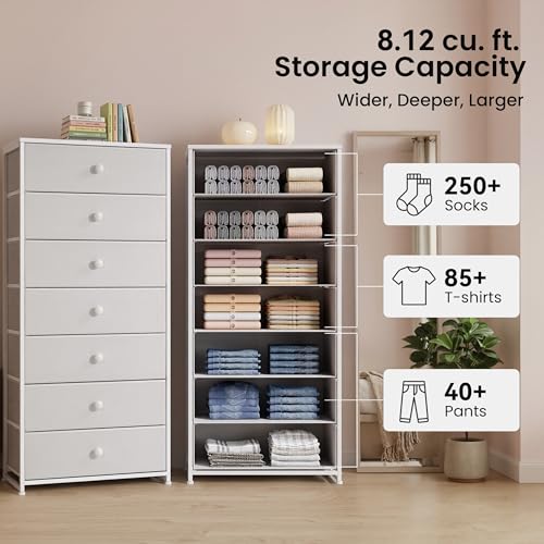 Crestlive Products Tall Dresser, 7-Drawer Wide Fabirc Storage Tower, Chests of Drawers - Vertical Organizer Unit for Bedroom, Hallway, Entryway, Nursery, Wood Top, Closets with Handles (White) - color: White, style: Wide-7 Drawers