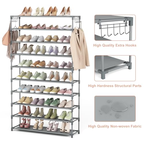 LANTEFUL 10 Tiers Shoe Rack 50 Pairs Large Capacity Tall Shoe Organizer Sturdy Shoe Storage with Two Hooks Space Saving Metal Wide Shoe Rack for Closet, Entryway, Bedroom, Grey - color: Grey, size: 10 Tier-61.2" High-34" Wide