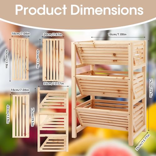 Potato Onion Storage Rack, 3-Tier Stackable Wooden Bins for Pantry Cabinet, Ventilated Vegetable Organizer with Baskets, Fruit Produce Bread Holder for Kitchen Shelf, Fir Wood