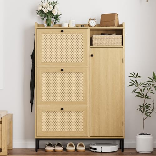 GarveeHome Shoe Cabinet Rattan with 3 Flip Drawers and 4-Tier Shoe Storage Cabinet, Freestanding Shoe Organizer with Adjustable Shelves for Entryway, Closet, Hallway (Light Oak) - color: Light Oak, size: 3-Drawers + 1-Door