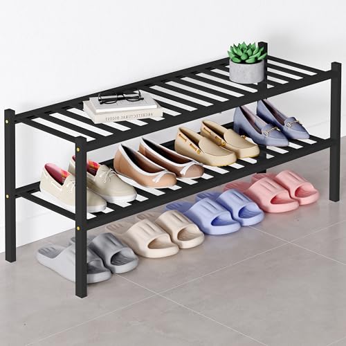 Smiry Bamboo Shoe Rack for Closet, 2 Tier Long Wooden Stackable Shoe Organizer, Free Standing Shoes Storage Shelf for Entryway, Front Door Entrance, Black - color: Black, size: 2 Tier - Long