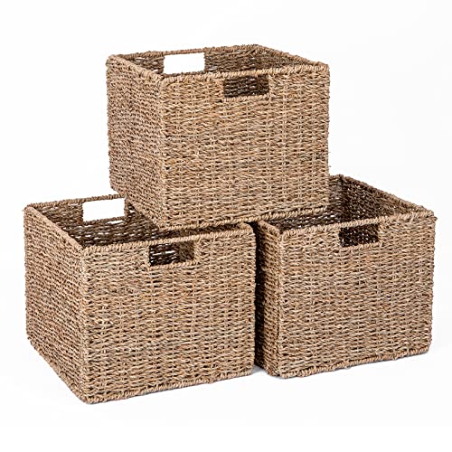 Seagrass Storage Baskets, 12X12X10in Cube Wicker Storage Basket for Shelves, Pantry Baskets Organization and Storage, Kitchen Storage Baskets, Bathroom Shelves Storage Basket Set of 3 - color: Seagrass