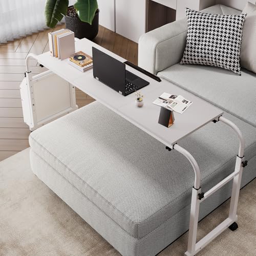 Arlopu Overbed Table with Wheels,60.6-84.2 inches Mobile Bed Desk,Rolling Computer Desk, Laptop Cart,W/0-65°Tilt Stand,4 Heights and 6 Lengths,Side Storage Basket,for Home,Office and Hospital (White) - color: White