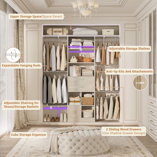 5FT Small Closet System, Baby Closet Organizer System with Wooden Drawers, 60 Inches Walk in Closet System with 5 Hanging Rods and 3 Reversible Hanging Shelving, Greige Oak - color: Greige Oak, size: 5 FT