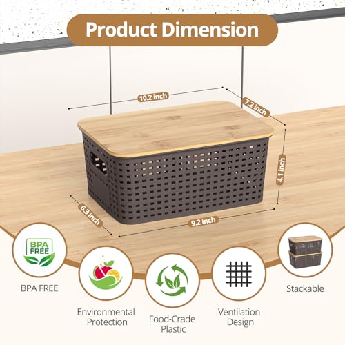 Plastic Storage Baskets with Bamboo Lids, Stackable Small Box Bins for Organizing and Containers for Shelves Drawers Desktop Closet Pantry Classroom Office Home, 6 Pack 10.2x7.2x4.1 Inch, Brown - color: Brown