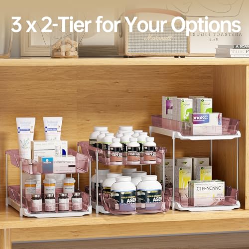 Delamu 2 Pack 3-Tier Bathroom Under Sink Organizers and Storage, Multi-Purpose Stackable Pantry Organization and Storage, Pull Out Clear Kitchen Bathroom Cabinet Organizer with Movable Dividers, Pink - color: Pink, size: 2 Pack 3-Tier