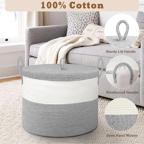 21" x 18" Extra Large storage baskets,Decorative blanket basket with lid for Living room,rope baskets with lid,wicker hamper for bedroom,Big,Round,White & Grey 115L - color: White & Grey