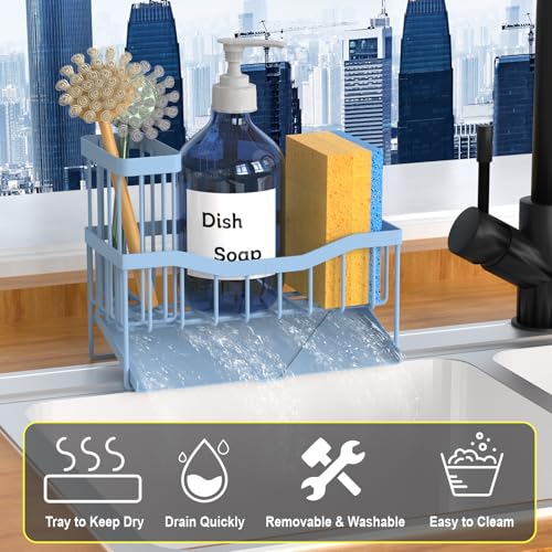 Fssvcd Maifan Sink Caddy Sponge Holder for Kitchen with Brush Holder and Stainless Steel Self Drain Tray, Rustproof Kitchen Sink Organizer for Sponge, Soap Dispenser Storage Accessories - color: Light blue
