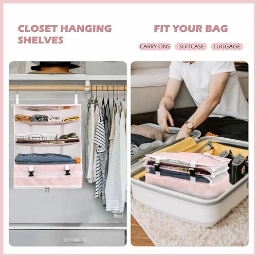 Surblue Hanging Closet Storage Bag Collapsible 3-Shelf Washable Oxford Fabric with 2 Hooks (XL 17.71*11.81*20in, Pink) - color: Pink, size: XL 17.71*11.81*20in