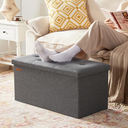 HAUSFRAU - Storage Ottoman Bench, 30 Inches Button Tufted Upholstered Ottoman Footstool with Storage for Living Room Bedroom Entryway, Load 660 lb, Linen Dark Gray - color: Dark Gray, size: 15"D x 30"W x 15"H