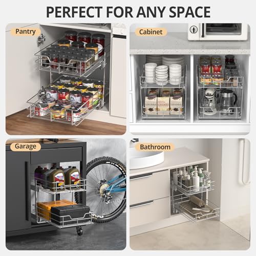 ZOINLIY Pull Out Cabinet Organizer, Versatile Slide Out Kitchen Organizers and Storage,Heavy Duty Drawer Cupboard Storage Basket, Smooth Sliding, Chrome Finish (2-Tiers-17¾''W×22“D) - size: 2-Tiers 17¾''W×22“D