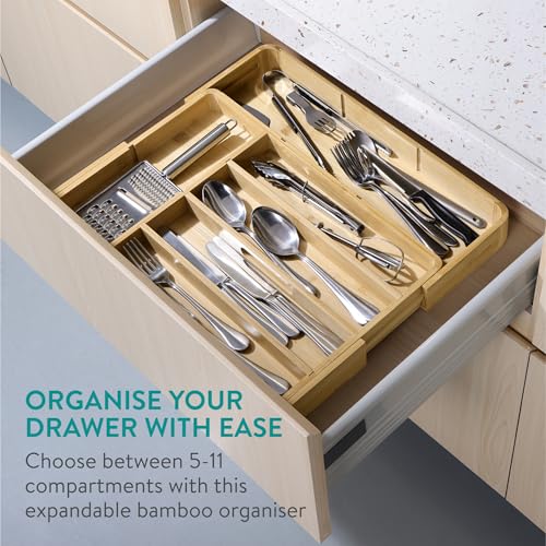Navaris Bamboo Kitchen Drawer Organizer - Adjustable Silverware Organizer, Utensil Holder & Cutlery Tray - 11 Slots - Expandable Tray for Office, Tools, Makeup, Stationery