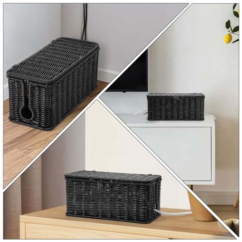 Handmade Cable Management Box, Imitation Rattan Cord Organizer Cord Hider Box, Desk Cord Management Box to Hide Cords and Power Strip L12.5 W5 H5.2 CB2412 Black - color: Black, size: 1 Pack (M)