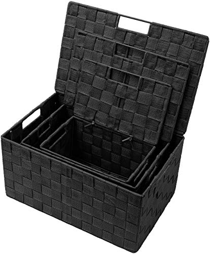 Sorbus Set of 3 Black Woven Storage Baskets with Lids – Mesh Hand-Woven Bins for Closet, Shelf, and Linen Organization – Variety Pack - color: Black