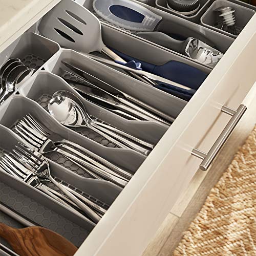 Spectrum HEXA 5-Divider Expandable Silverware Tray (Stone Gray) - In-Drawer Organizer for Kitchen Accessories, Cutlery, Knives, & More / Easy-to-Clean Home & Apartment Essential - color: Stone Gray, size: 5 Divider Expandable