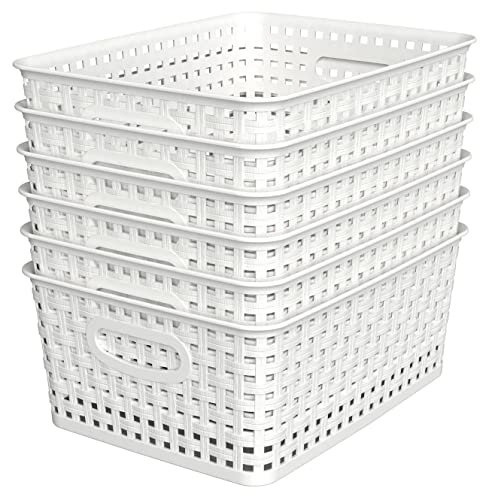 WYT Woven Plastic Storage Baskets, 6 Pack White Weave Bins Organizer, 10.1" x 7.55" x 4.1" - color: White, size: 6-Pack