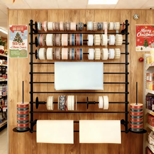 12 Layers Black Wall Display Stand Wrapping Paper Ribbon Organizer Holder Storage Scarf Tie Belt Towel Spool Sewing Tool Hijab Metal Shelving for Home, Retail Stores, Flower Shop,Studio-120cm - color: Black, size: L: 47.2 in, H: 47.2 in