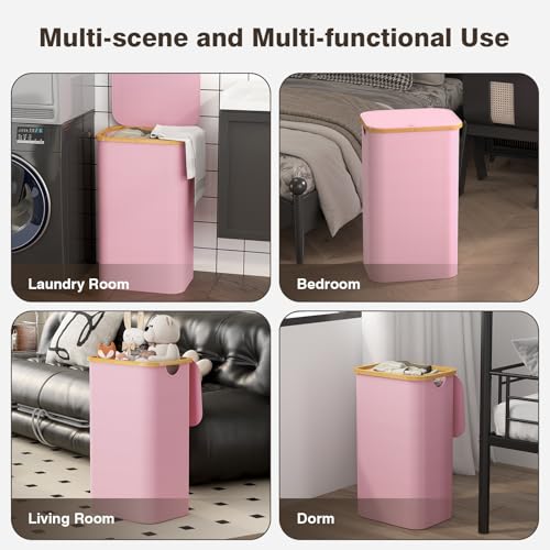 100L Laundry Hamper with Lid, Large Laundry Basket with Bamboo Handles, Clothes Hampers for Laundry with Removable Bag, Dirty Clothes Hampers for Bedroom Aesthetic, Pink - color: Pink