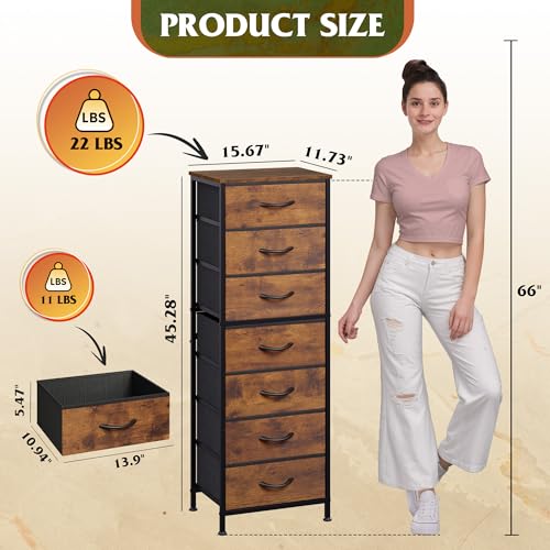 WLIVE Tall Dresser for Bedroom, 7 Drawer Dressers & Chests of Drawers, Fabric Dresser for Closet, Night Stand with Metal Frame, Storage Tower with Fabric Bins, Wood Top, Rustic Brown Wood Grain Print - color: Rustic Brown Wood Grain Print, size: 11.73"D x