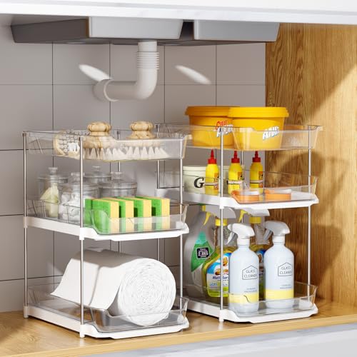 Delamu 2 Sets of 3-Tier Bathroom Under Sink Organizers and Storage, Multi-Purpose Stackable Pantry Organization and Storage, Pull Out Clear Kitchen Bathroom Cabinet Organizer with Movable Dividers | Storage, Multi-Purpose, Stackable, Pantry Organization,