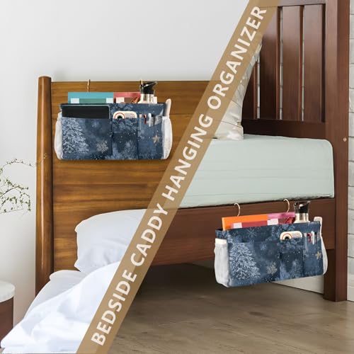 Bedside Caddy Metal Frame Hanging Organizer Bunk Bed Dorm Accessories Hook And Loop Storage Bag Large Pockets Denim Tree Present Christmas - color: Denim Tree Present Christmas