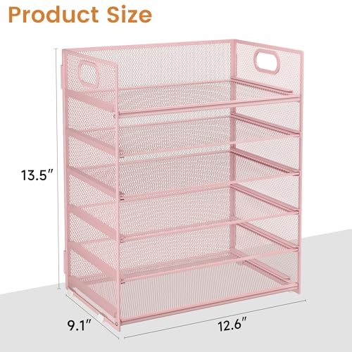 Subekyu 6 Tier Office File Paper Desk Tray Organizer with Handle, Stackable Slide Mesh Letter Tray Folder Pink Desk Organizer, Desktop Document Sorter for Classroom, Office, Home Supplies Storage - color: Pink